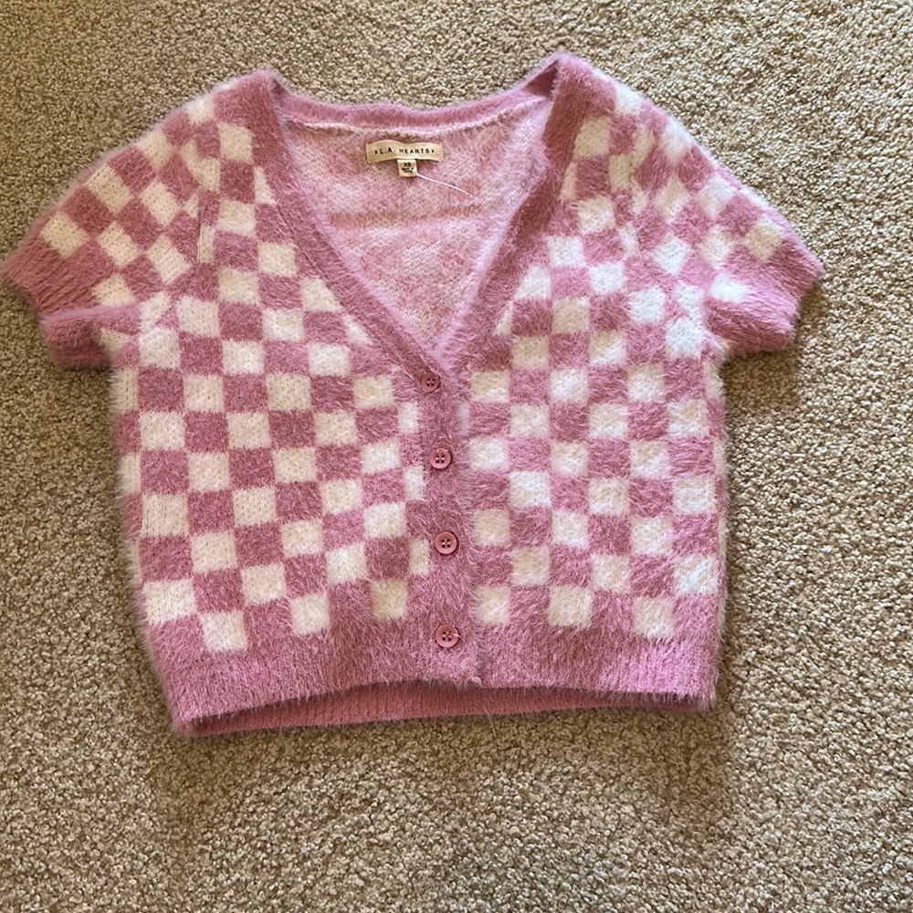 Cropped, sweater, pink checkered pattern, buttons, L.A. Hearts, XS, NEVER WORN